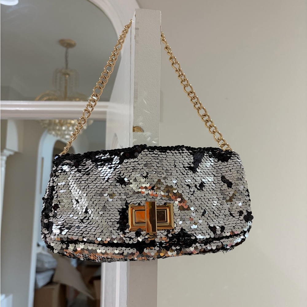 Sequin Chain Shoulder Bag - Silver and Black